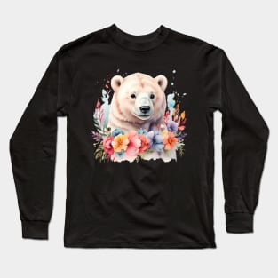 A polar bear decorated with beautiful watercolor flowers Long Sleeve T-Shirt